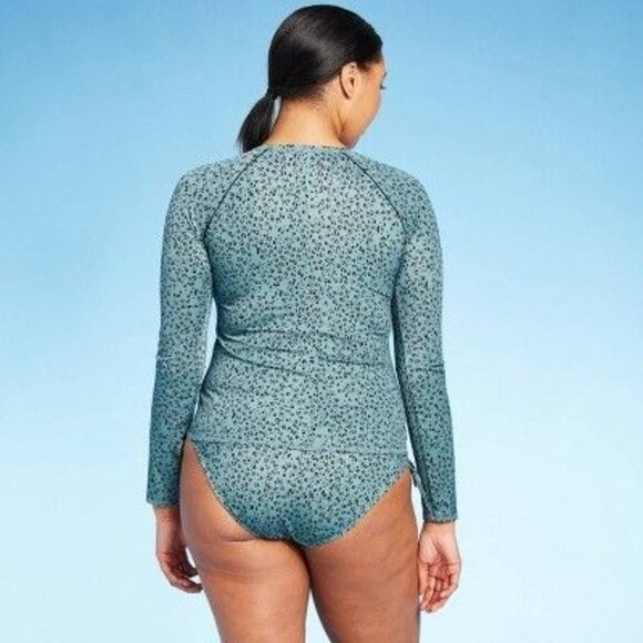Womens Long Sleeve Green Leopard Print Rash Guard Swim Top & Side-Tie Bikini Bot - Picture 4 of 6